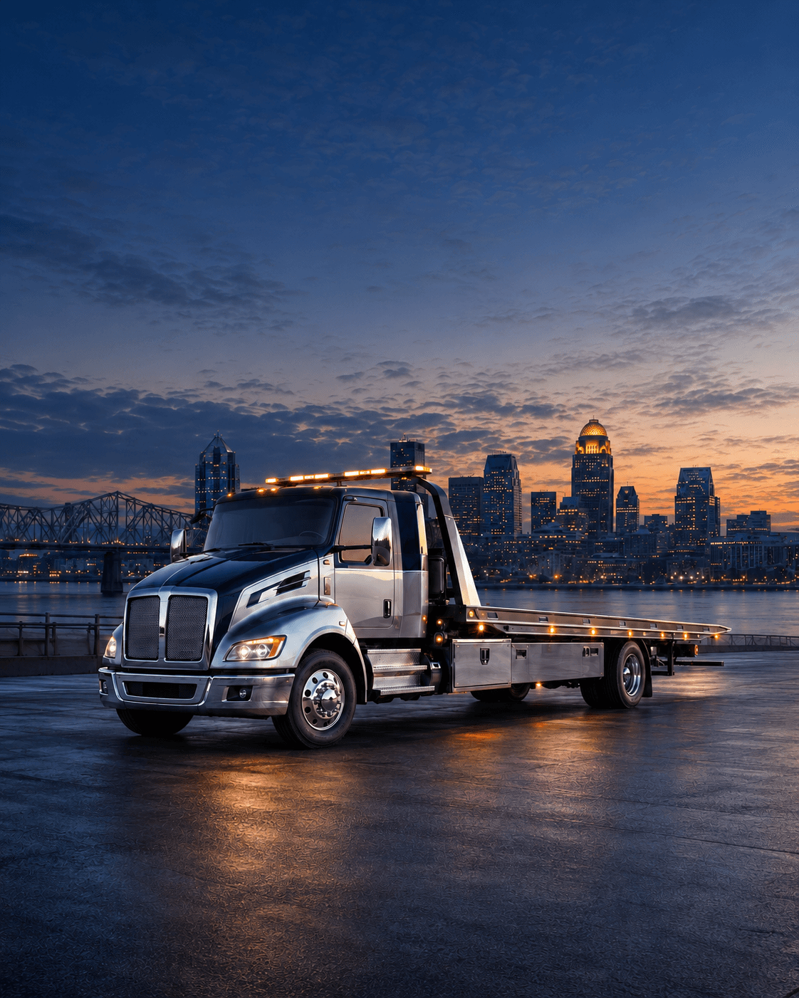 Rollback tow truck on the riverfront at dusk with the Louisville skyline behind it